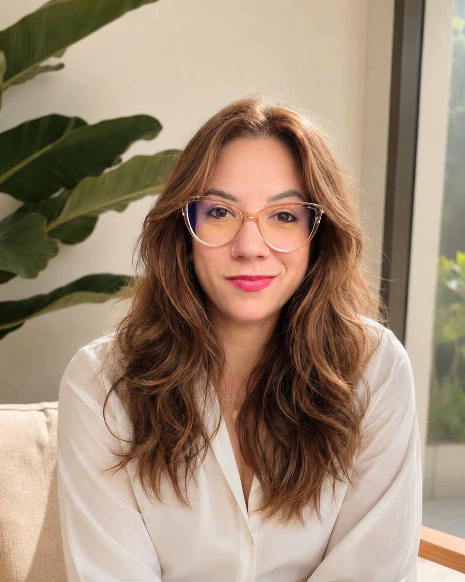 Roberta Tegon, psicóloga, sorrindo em ambiente acolhedor